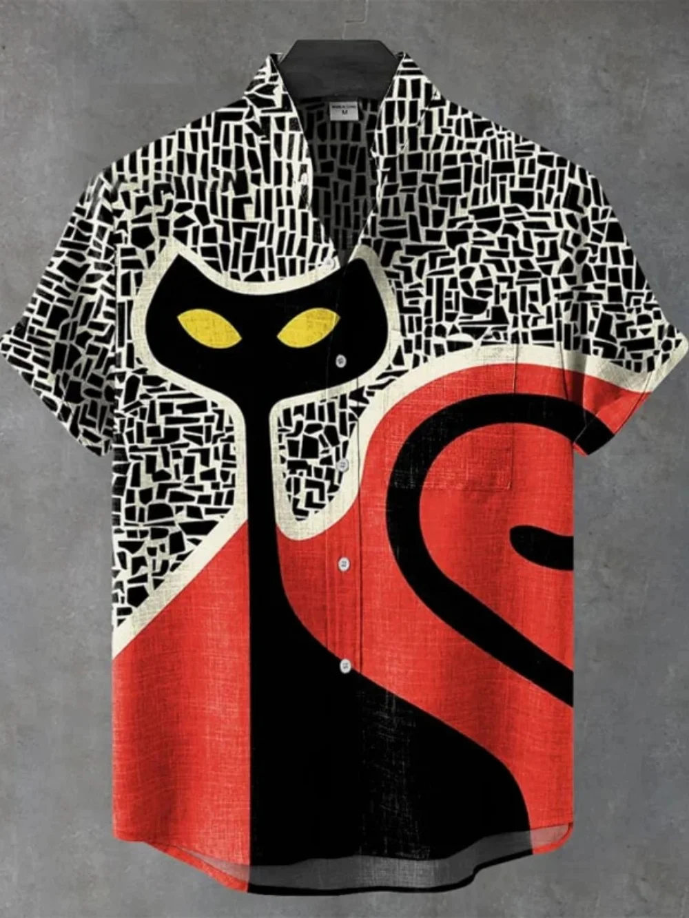 

Men's Short Sleeved Linen Shirt, Cat Abstract Printed Cardigan, Button Up Shirt, Street Casual Men's Pocket Shirt, Hot Selling,