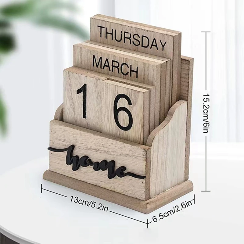 Perpetual Calendar Wooden Vintage Wood Block Calendar For Home Office Desk Decorate Ornaments Week Month Date Display