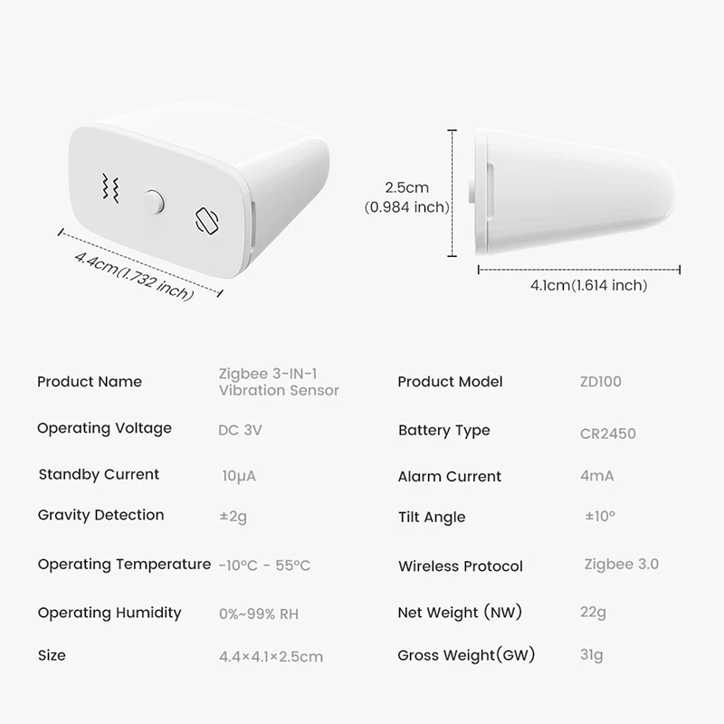 Zigbee Vibration Sensor With Tilt Drop Shock 3-In-1 Detection Battery CR2450 Powered Tuya Smart Life Home Security Automation