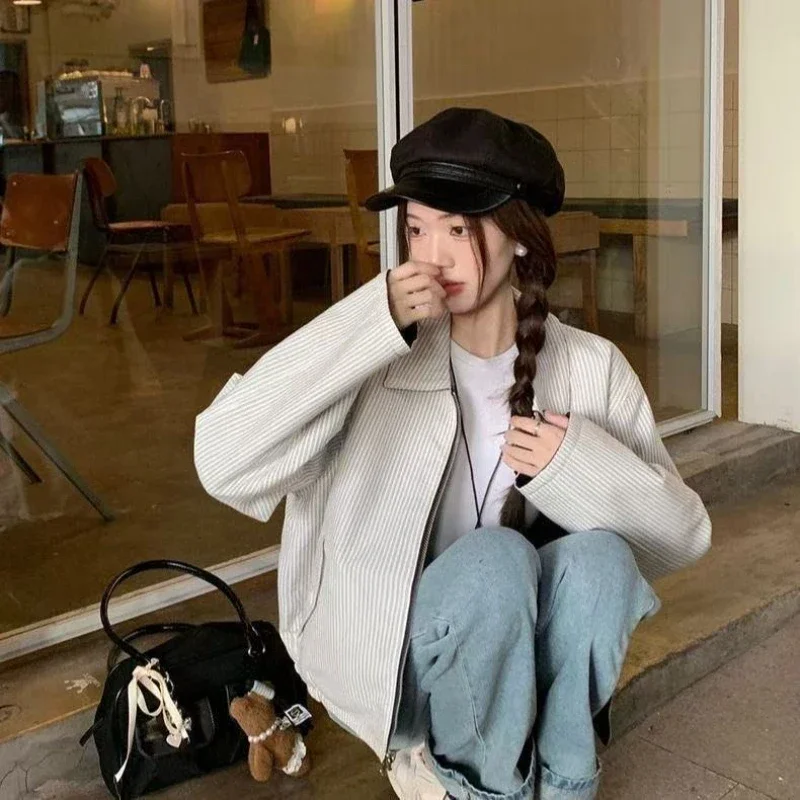 

Женская куртка на молнии в стиле ретро, весна-осень 2021, свободное двустороннее пальто с лацканами, двустороннее пальто