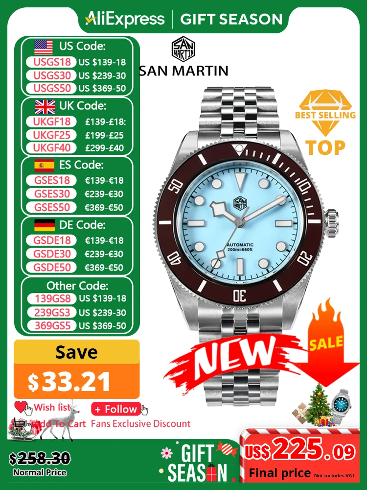 

San Martin 40mm Enamel Dial Classic Luxury BB Diver Watch NH35 Automatic Mechanical Men Watches Waterproof 200m BGW-9 SN0128