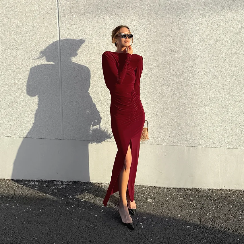 

Elegant Evening Dresses Slim Spring Autumn Temperament Dress Long-sleeved High-waisted Pullover Slit Backless Woman Clothes