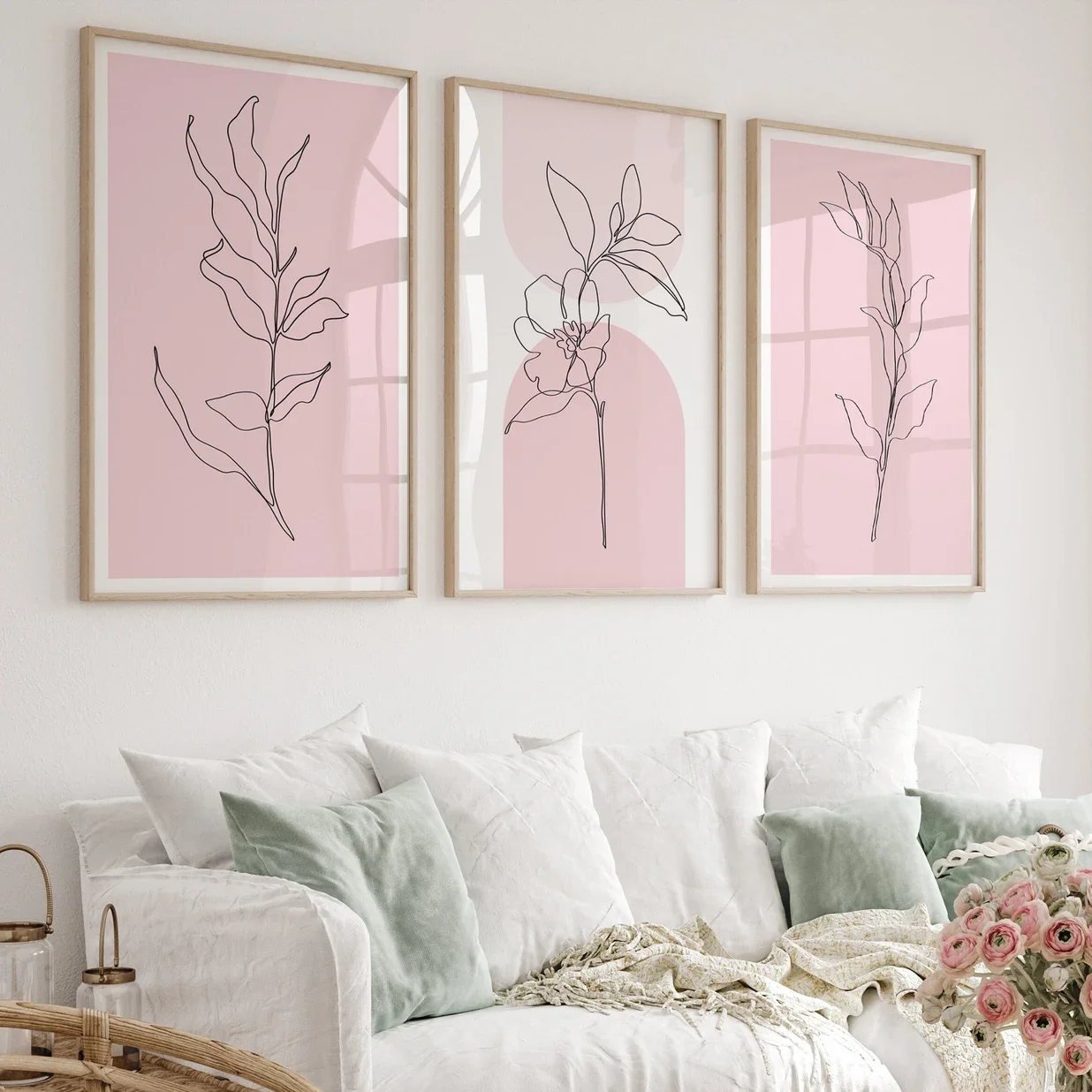 3PCS  Frameless,3PCS  Pink Plant Wall Art  Botanical Wall Decor  Botanical Line Art Poster  Pink Home Decor  Canvas Painting for