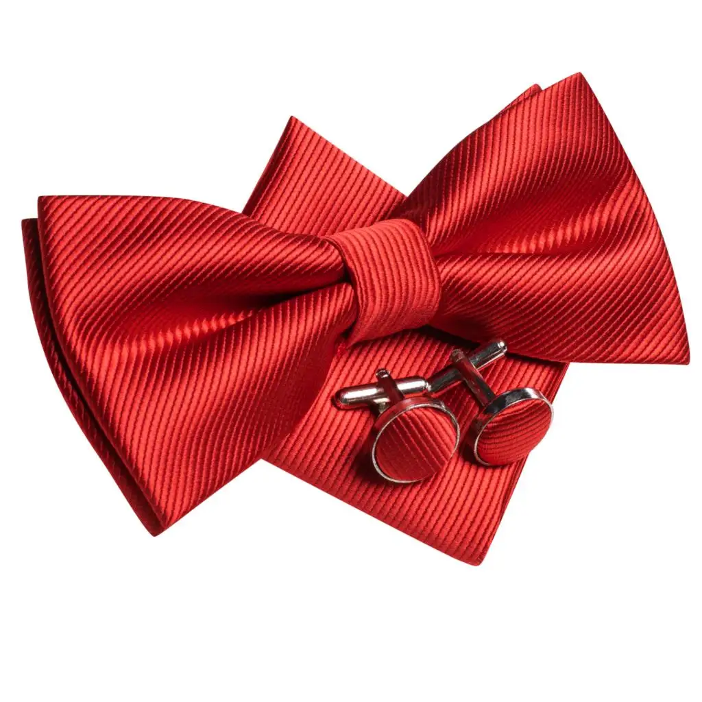 Rose Red Burgundy Maroon Silk Mens Bow Tie Hanky Cufflinks Set Jacquard Pre-tied Butterfly Knot Bowtie for Male Wedding Business