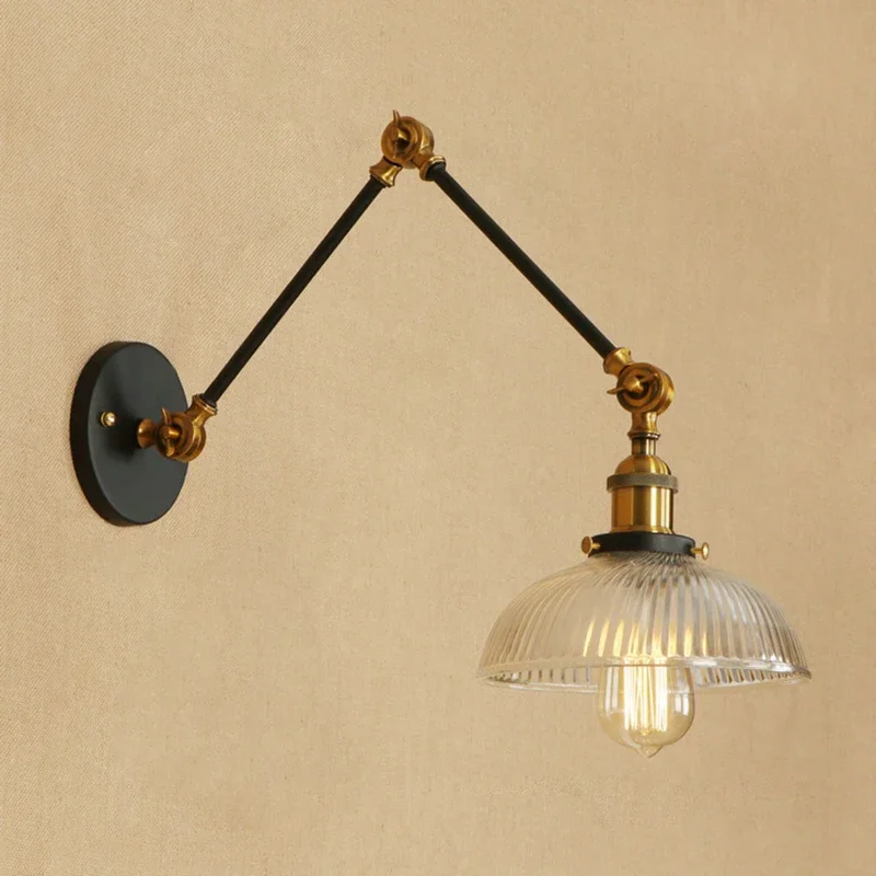 

Antique Design Glass Swimming Arm Wall Lamp Retro Reading Lamp Bedside Home Industrial Led Wall Lights Fixture Black Gold Rustic
