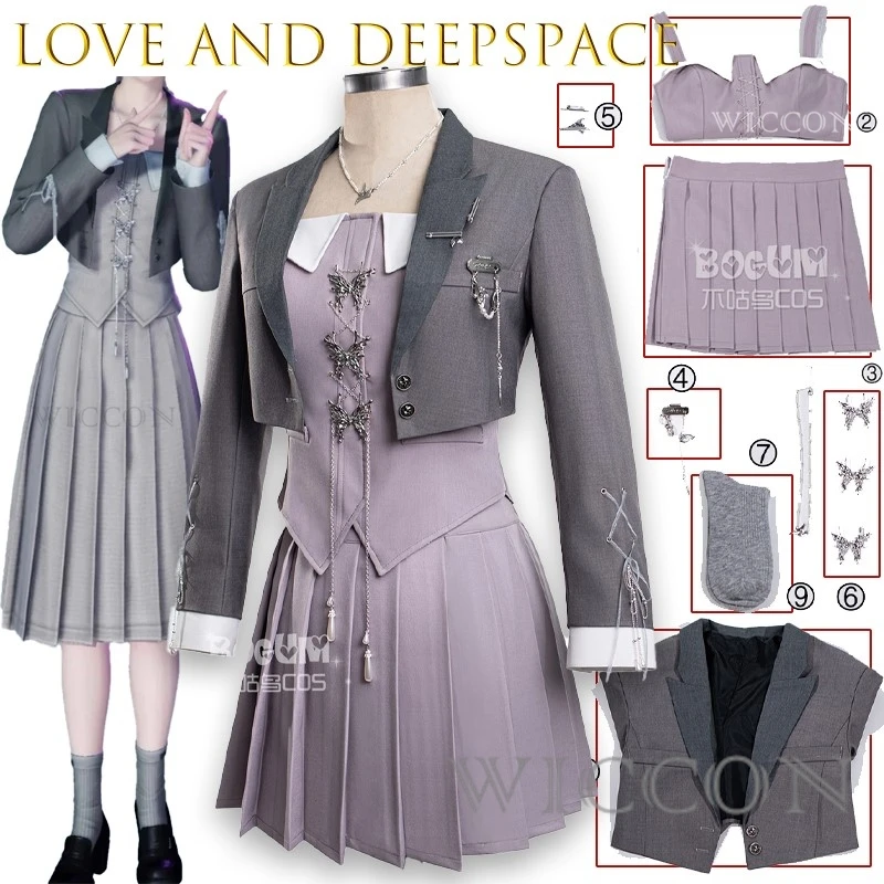 

Love And Deepspace Whispers Of The Heart Cosplay Main Control Daily Dress Anime Halloween Game Y2k Gray Pleated Set