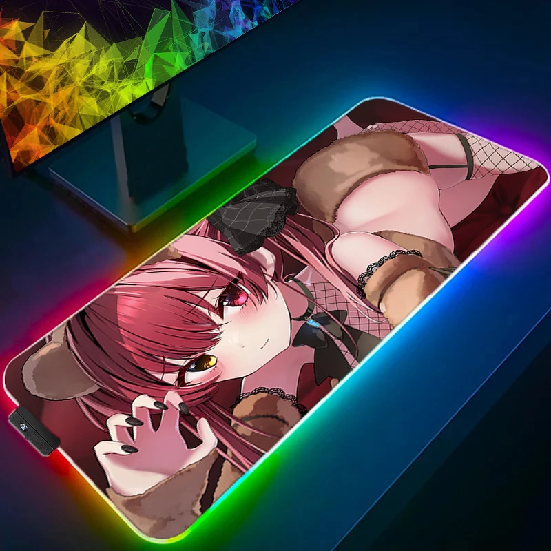 RGB Gaming Mouse Pad, Large Desk Mat, Anti-slip Rubber, Stitched Edges, Cat Ear Anime Girl Print, Extended Office Mat