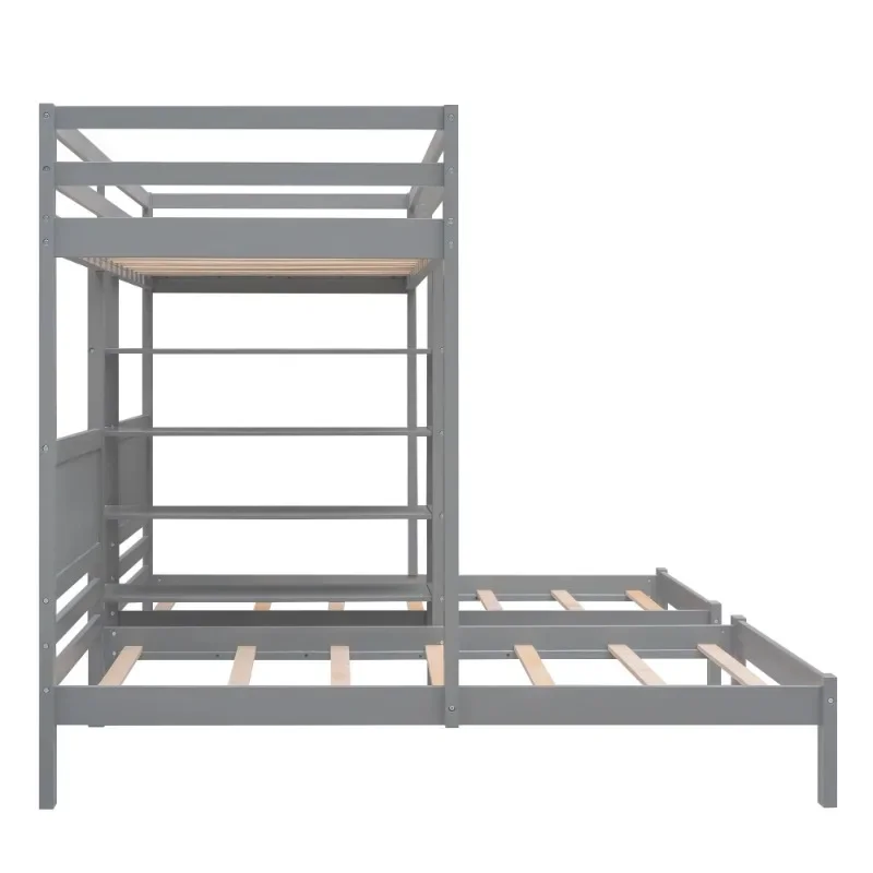 Euroco Modern Bedroom Twin over Twin & Twin Bunk Bed with Shelf, 3-in-1 Bunk Bed for Kids Bedroom, Gray