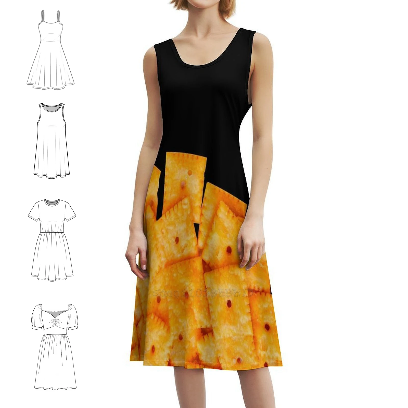 فستان نسائي أنيق للحفلات من Cheez It فستان على شكل حرف a مع خيارات قصيرة/طويلة/بدون أكمام Cheez It Food Cheese Snack Cheez It