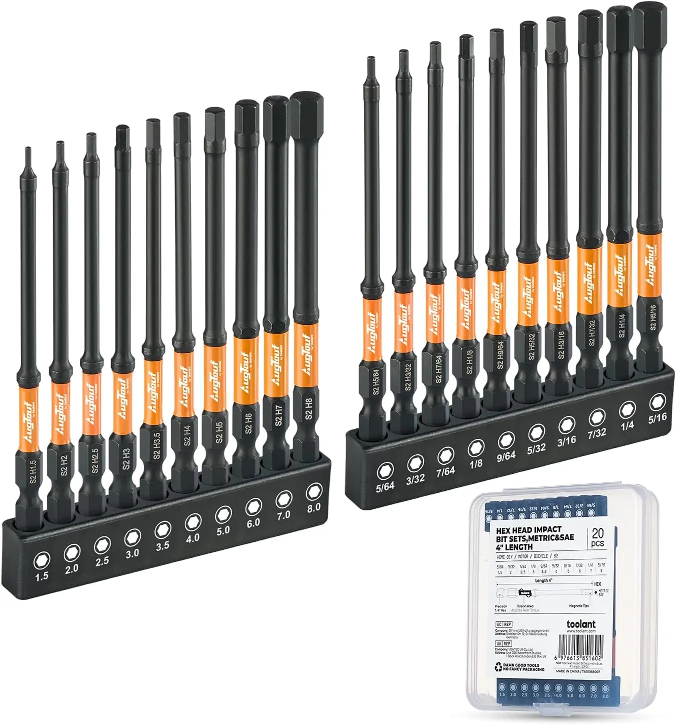 

Набор ударных шестигранных бит (20 шт.), метрические и дюймовые, с шестигранным хвостовиком 1/4 дюйма, сталь S2, с магнитом, длина 4 дюйма, в кейсе для хранения