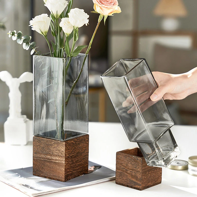 

Creative Floral Glass Vase Wood Base Desk Square Decoration Vases Flowers Pots Flower Hydroponics Arrangement Modern Home Decor