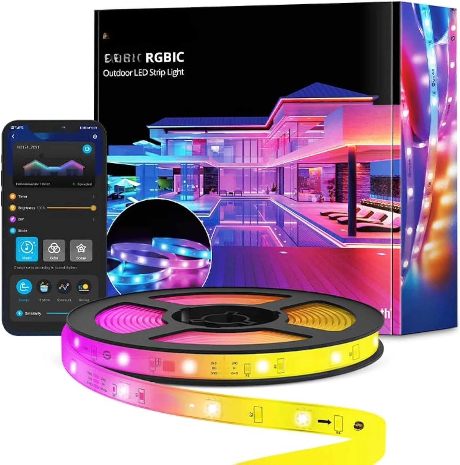 Outdoor LED Strip Lights, 32.8ft Smart LED Outdoor Lights, Bluetooth App Control, IP65 Waterproof LED Lights, RGBIC Color