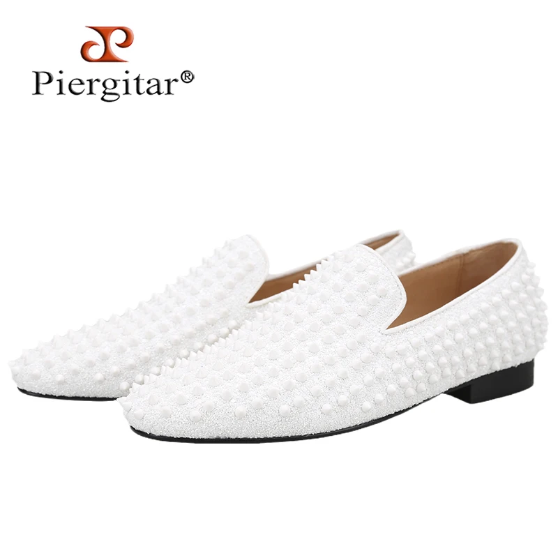 Piergitar White Sequined Cloth With Handmade Match Color Studs Slip-On Loafers CL Brand Same Model Red Outsole Smoking Slippers