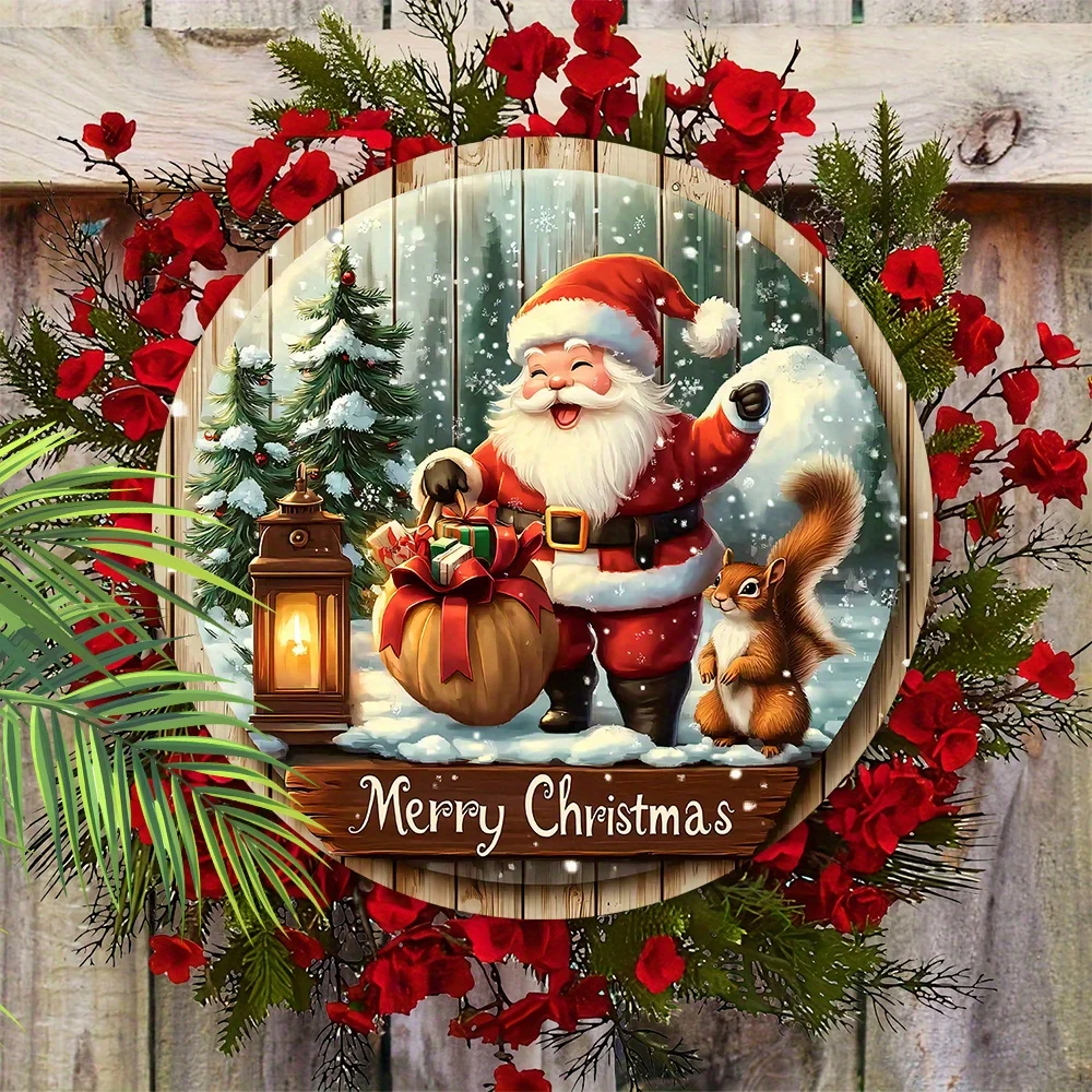 1pc Christmas Santa Claus Squirrel Snowflake Snowy Holly Warm Winter Xmas Wood Porch Wreath Flat Hanging Print Sign Painting