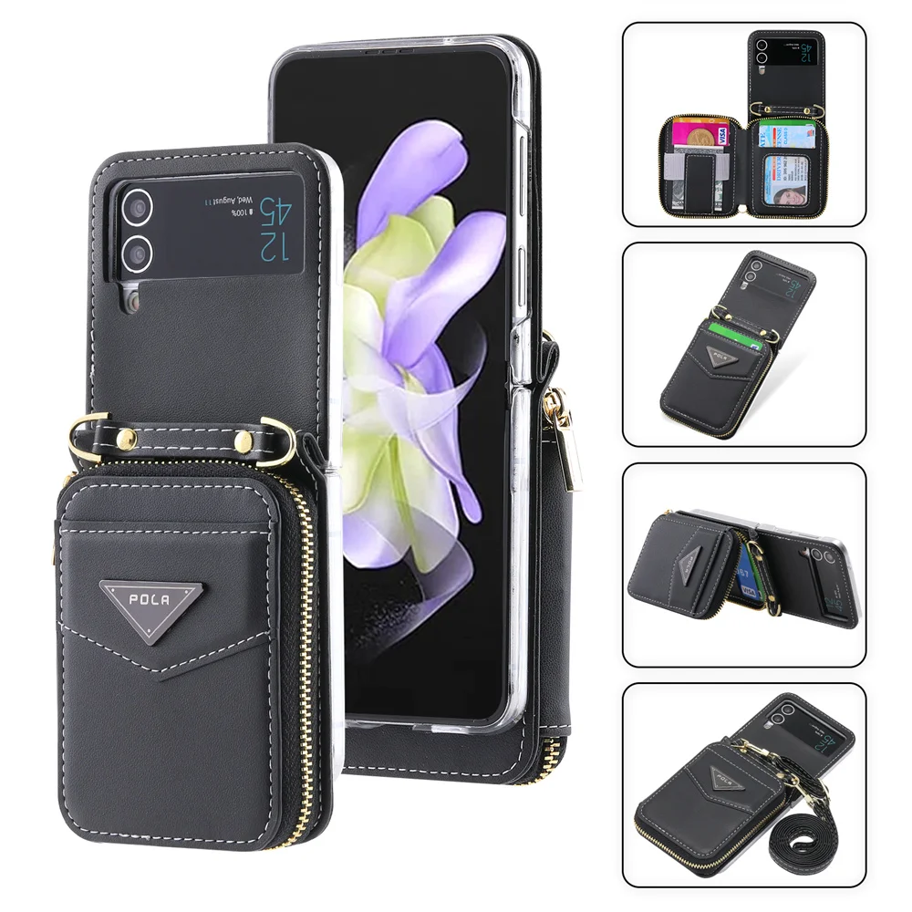 

Galaxy Z Flip 5 4 3 Crossbody Wallet Phone Case for Samsung Flip5 Flip4 5G Card Slot Holder Purse Lanyard Strap Leather Cover