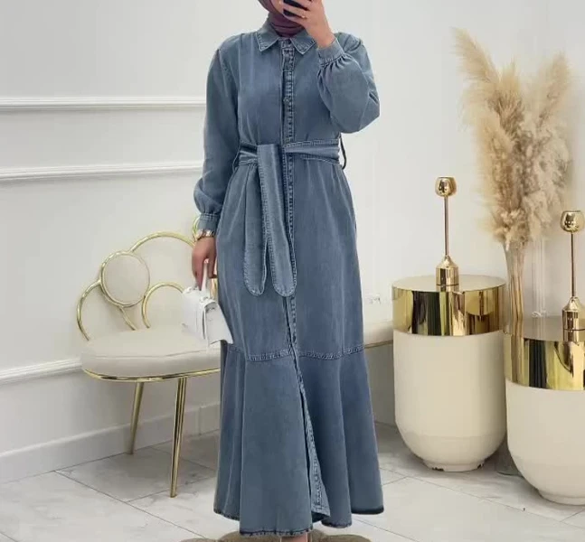 

Women's Dress Solid Color Zipper Style Lace Up Waist Cinching Denim Dress Temperament Commuting Casual Retro Dress