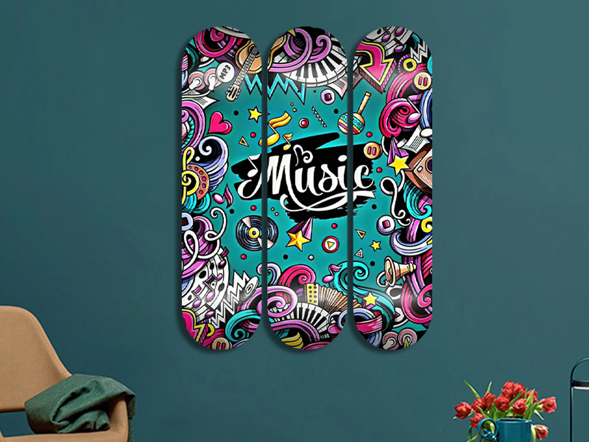 3pcs Music Art Skateboard Wall Mural Pop Art Pro-Grade Skate Deck Wall Plates for Bar Club Game Room Wall Decoration