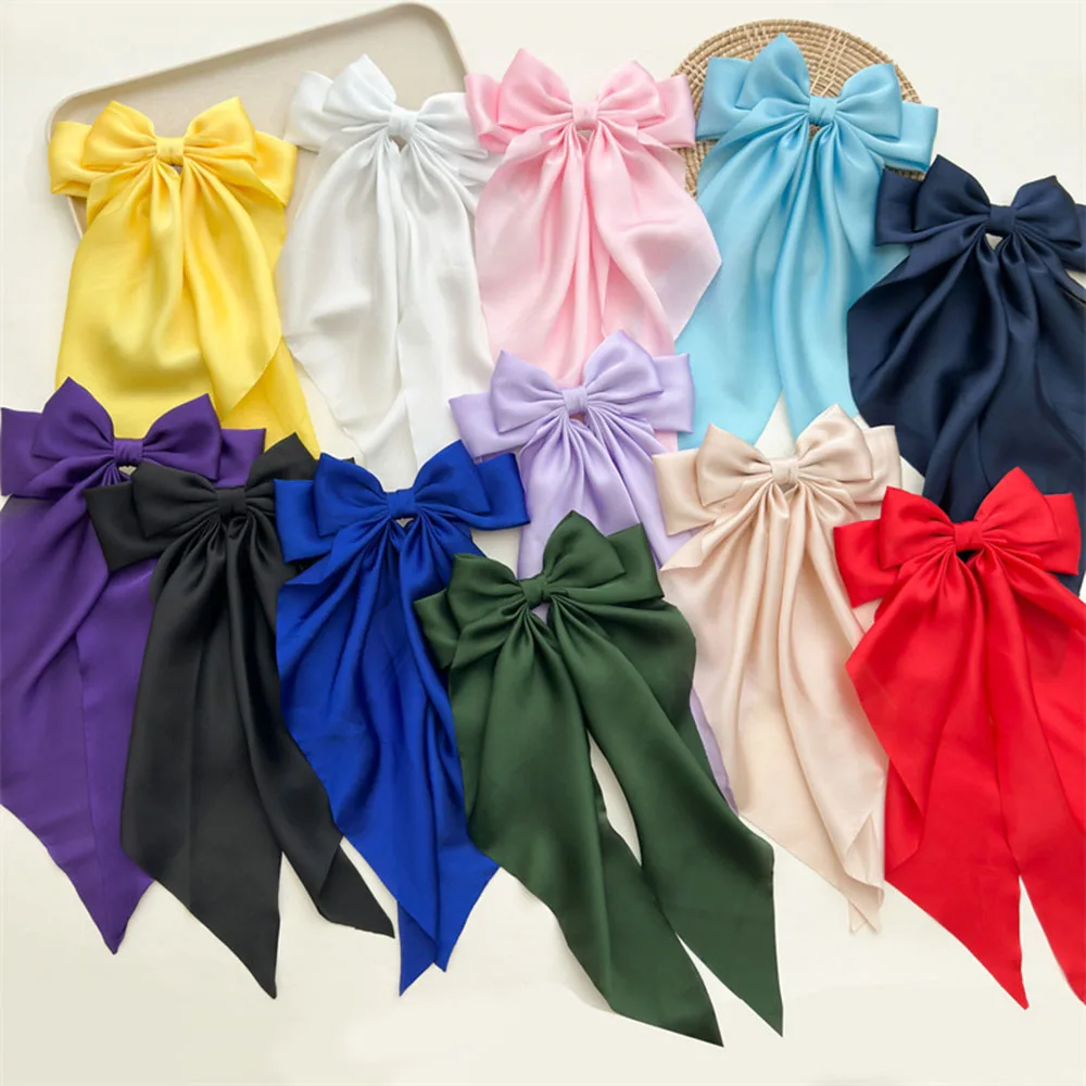 

Satin Silk Ribbon Big Bows Hairpins Spring Clips Korean Bow long Streamers Hair Clips Hairgrips for women girls Hair accessories