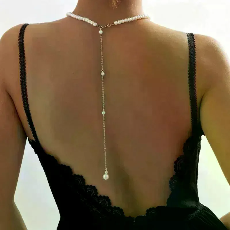 Vintage Elegant Simulated Pearls Clavicle Choker Necklace Women Long Chain Tassel Pendant Wedding Jewelry Bikini Chest Chain