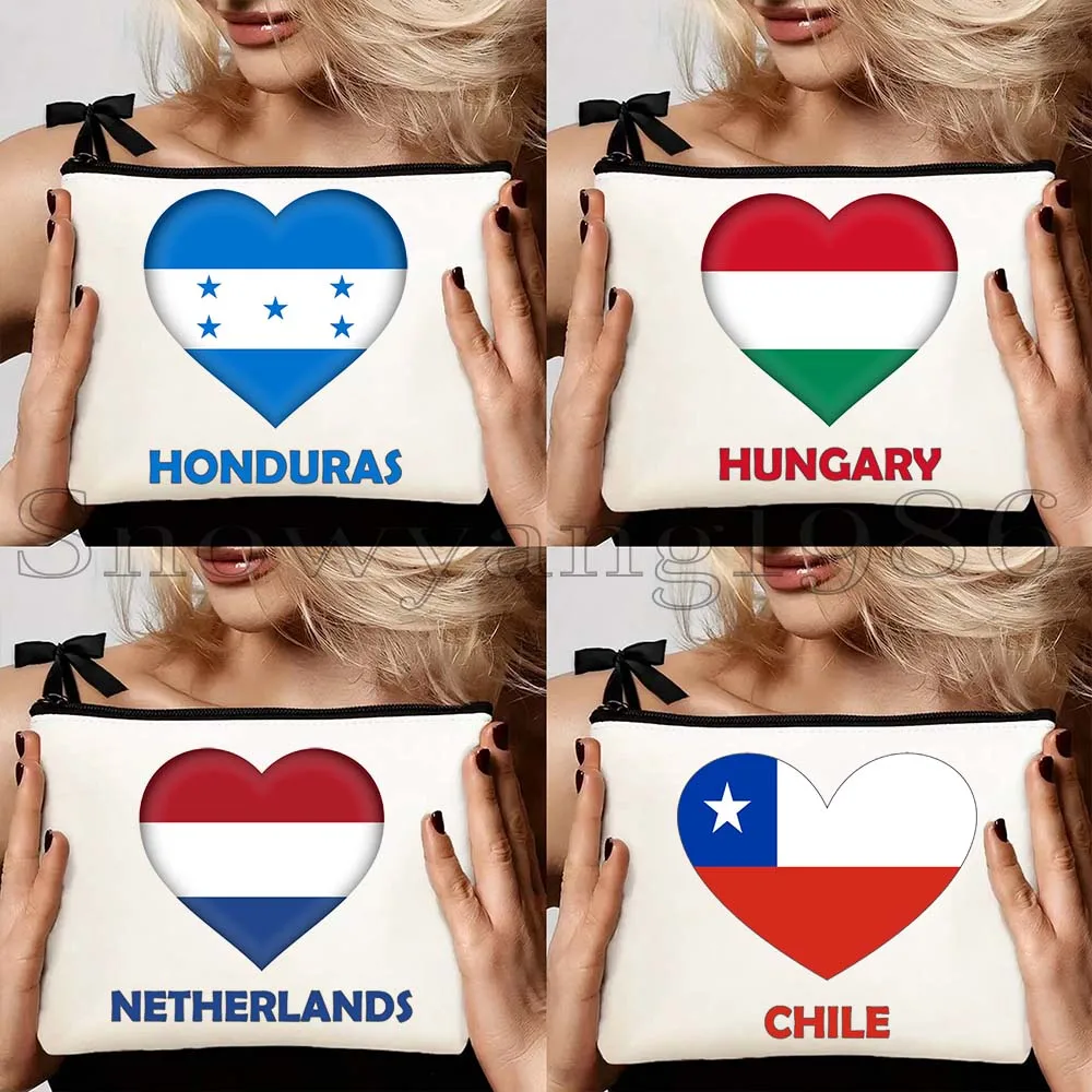 

4pcs Dominica England Honduras Hungary Japan Poland Portugal Thailand Chile Heart Flag Cosmetic Bag Makeup Toilet Bag Case Pouch