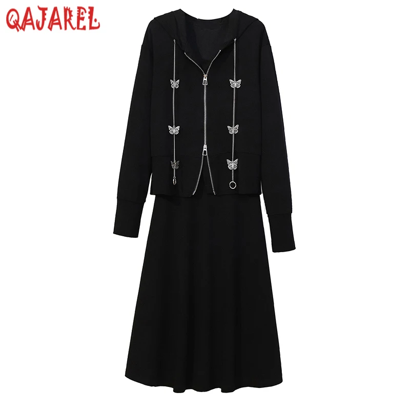 Autumn Black Knitted Cotton Coat +skirt Midi Dress Women Korean Vintage Hepburn Two Piece Set Dress 2024 New Office Lady Dresses