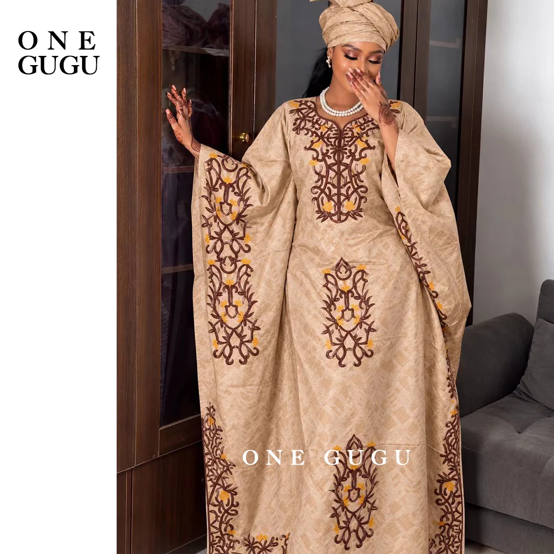 Green Brocade Basin Dress With Headtie Nigerian Origianl Cotton Bazin Riche Dashiki Wedding Party Boubou Modern Europe Long Robe