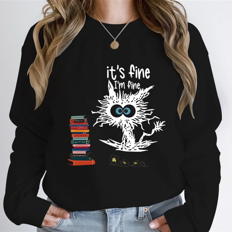 It's Fine I'm Fine Cat Sweatshirt, Unisex, Positivity Shirts, Cartoon Cat Cleaning Hoodies, PVD Funny Animal Lovers Hoodies