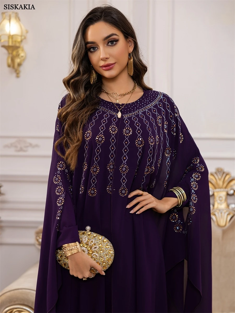 Siskakia muçulmano strass decorado abaya capa batwing manga kaftan dubai malha conjunto de duas peças vestido miçangas 2025
