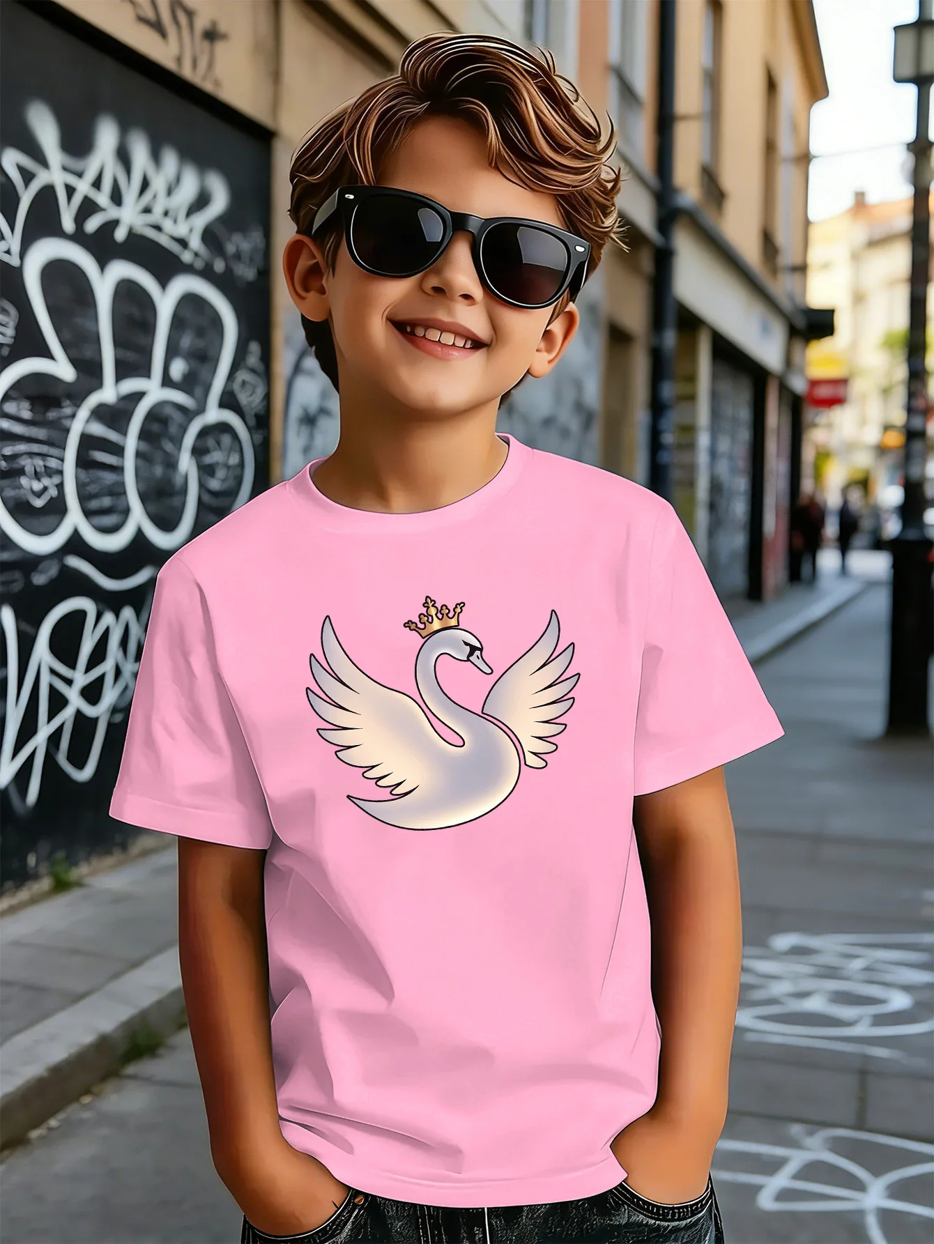 White Swan With Golden Crown Print Kids T Shirt Boys Girls Short Sleeve Crew Neck Cotton Fairy Parent Child Matching Tees