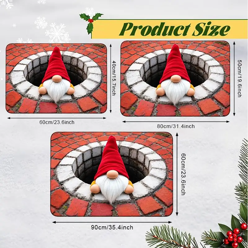 Christmas 2D Flat Printed Floor Mat Cute Red Hat Goblins Pattern Indoor Outdoor Mat Brick Pattern Design Carpet Holiday Decor