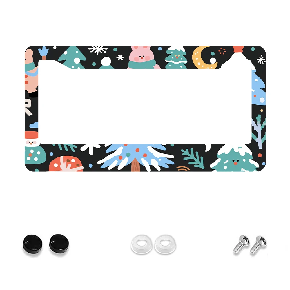 

1 шт., черная красочная зимняя сцена, рамка номерного знака с 2 отверстиями, мультяшный снеговик, узор дерева, алюминиевый материал, 6x12 дюймов, с винтом