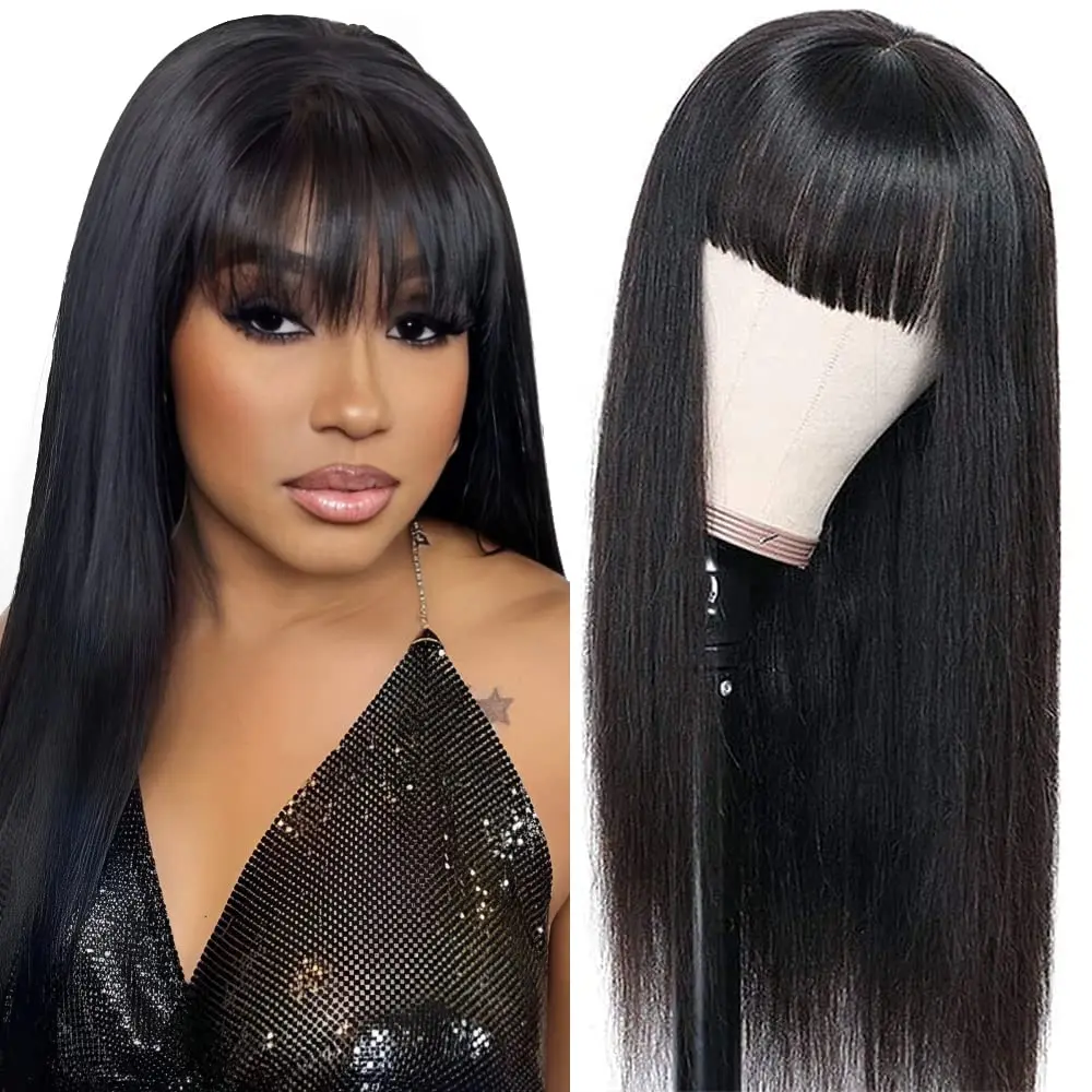 Straight Human Hair Wigs With Bangs Bone Straight Wigs For Black Women 30 32Inch Brazilian Wigs 100% Human Hair Machine Made Wig