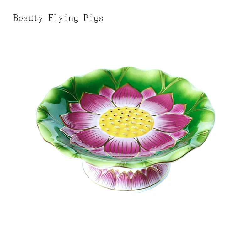 

High end ceramic lotus high foot offering plate for household Buddhist temple, shrine, Buddha front tribute plate decoration