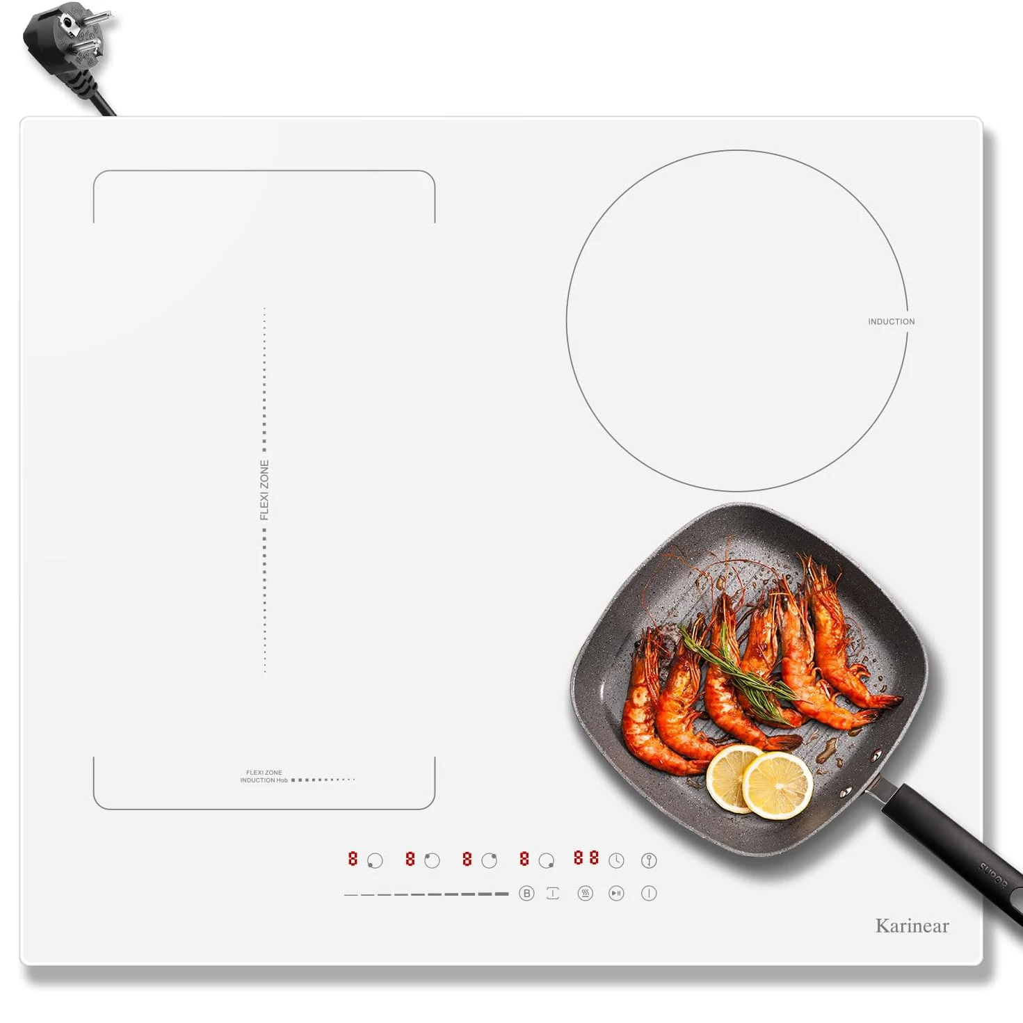 Karinear Płyta indukcyjna 4 strefy z wtyczką, 59 cm, 3500 W, białe szkło ceramiczne, strefy kombinowane, sterowanie przesuwne, 9 poziomów mocy — 2