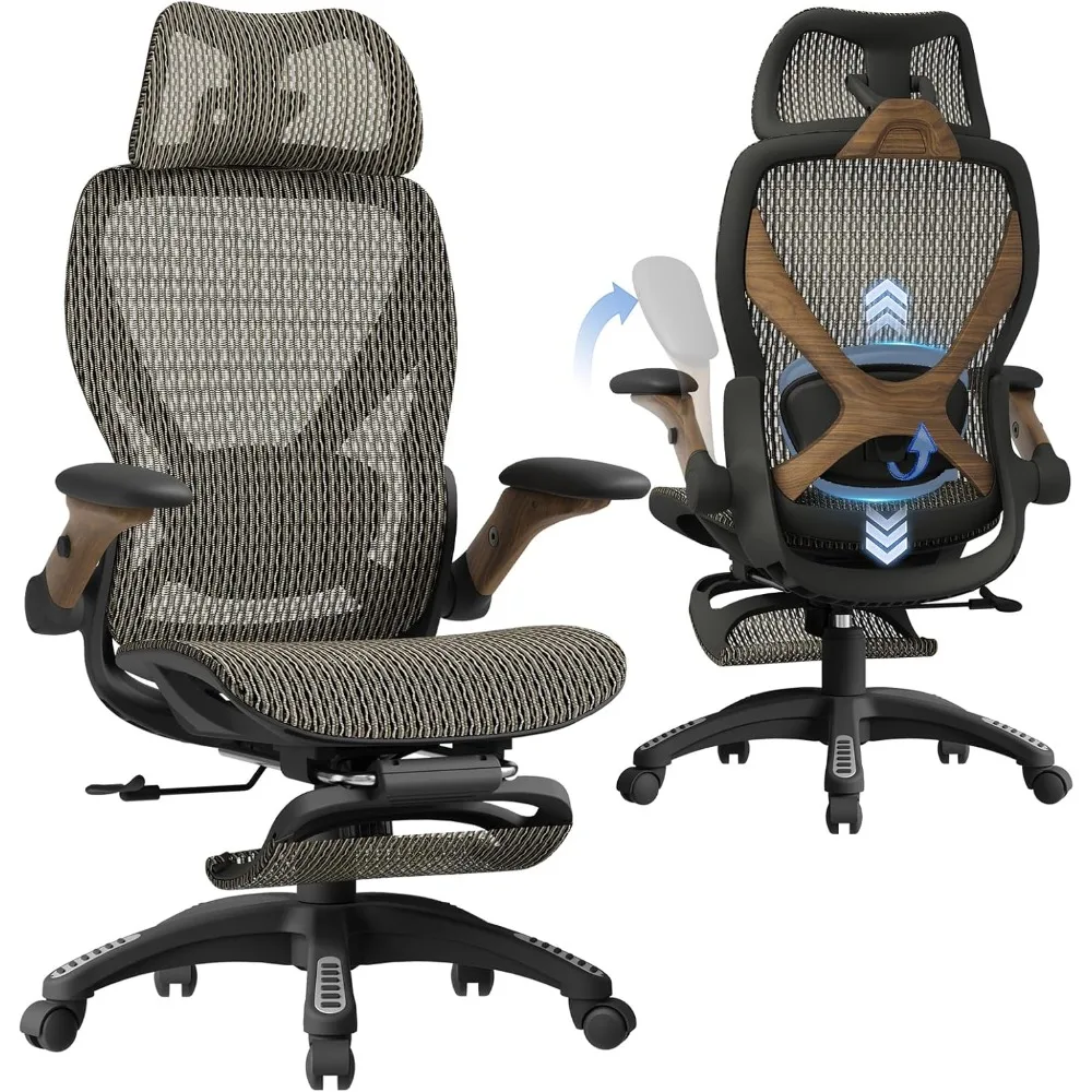 

100 Ergonomic Office Chair with Footrest, Big and Tall Home Desk Chair with 5D Flip-Up Arms, Adjustable 9D Lumbar Suppo