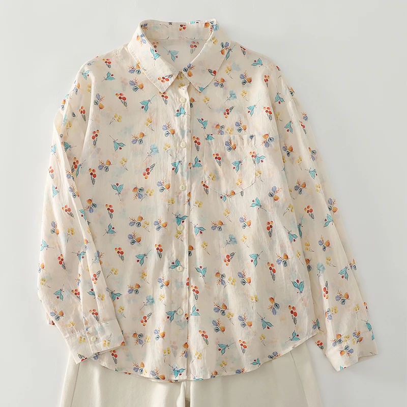 ผู้หญิงฤดูใบไม้ผลิฤดูร้อน Retro ดอกไม้พิมพ์ผ้าฝ้ายผ้าลินินเสื้อแขนยาวผู้หญิงเสื้อ Boho Streetwear Beach Holiday