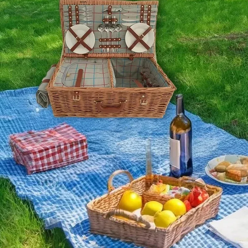 Willow Picnic Basket 4 Person Outdoor Wicker Hamper Set Plates Cutlery view 5