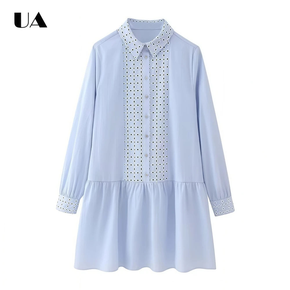 

Trendy Loose Hollow Out Mini Dress with Long Sleeves Commuter Style Turn-down Collar Ruched Short Dress Fashionable Button Dress