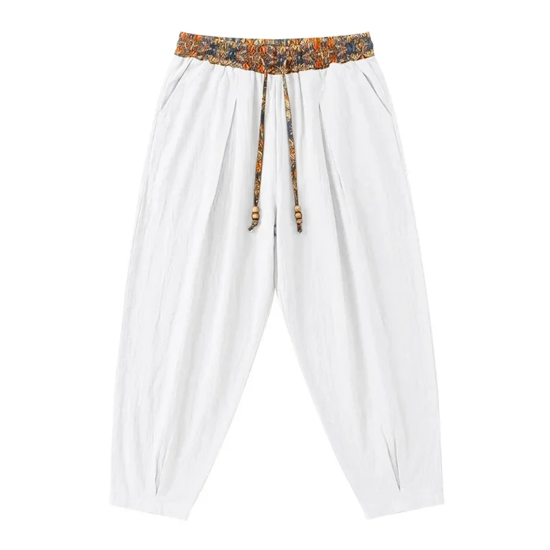 Herren 95% Leinen Haremshose Boho Blumenmuster Kordelzug Taille Lässige Weite Hose Strand Urlaub Knöchellange Hose – Detail 9
