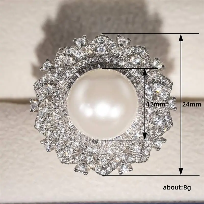 Huitan Wunderschöner runder Damenring mit Imitationsperle, ausgefallenes Zubehör für Hochzeit, Verlobung, edler, voll glänzender CZ-Damenschmuck, Geschenk – Detail 1
