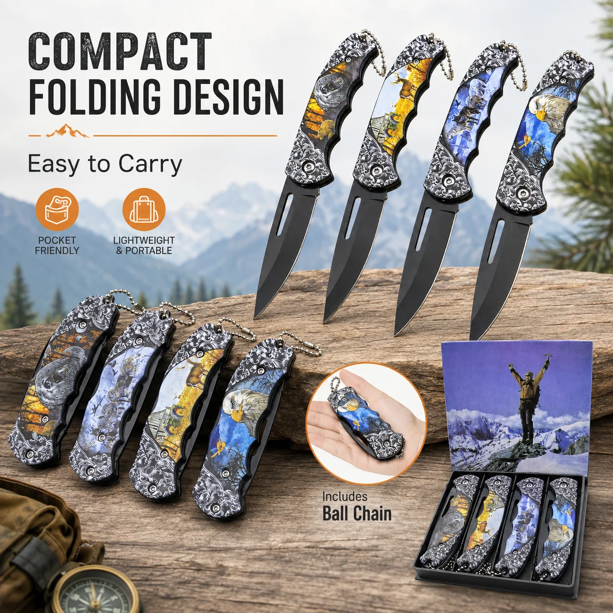 4 Pack Pocket Knife Set Folding Knife with Clip Camping Knife Stainless Steel Blade, EDC Knife for Outdoor Hiking Mens Gift