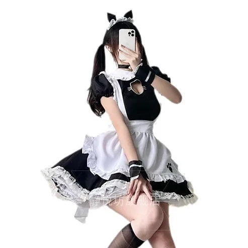Traje de sirvienta de gato suave para niña, disfraz japonés Sexy en blanco y negro, traje de sirvienta, disfraz de Cosplay, vestido de Catwoman