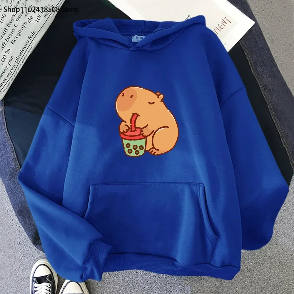 Cute Capybara Drinking Bubble Tea Hoodies Women Cartoon Animal Print Sweatshirt Autumn Winter Long Sleeve Casual Y2k Clothes Men