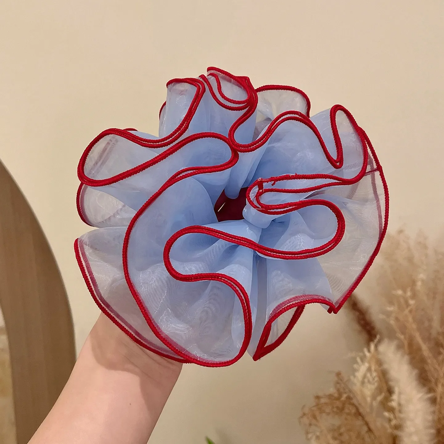 Summer Fresh Blue Yarn 4-Layer Hair Scrunchies, Wine Red Trimming Ins Contrast Color Hair Ties, Elegant Japanese Korean Bun Hair