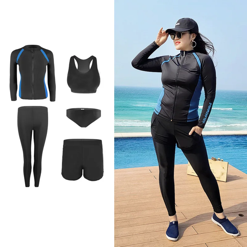 Women Plus Size 5 Piece Long Sleeve Rash Guard Swimsuit Swim Shirts Tops and Bottoms with Boy Short Swimwear Rashguards Sunsuit