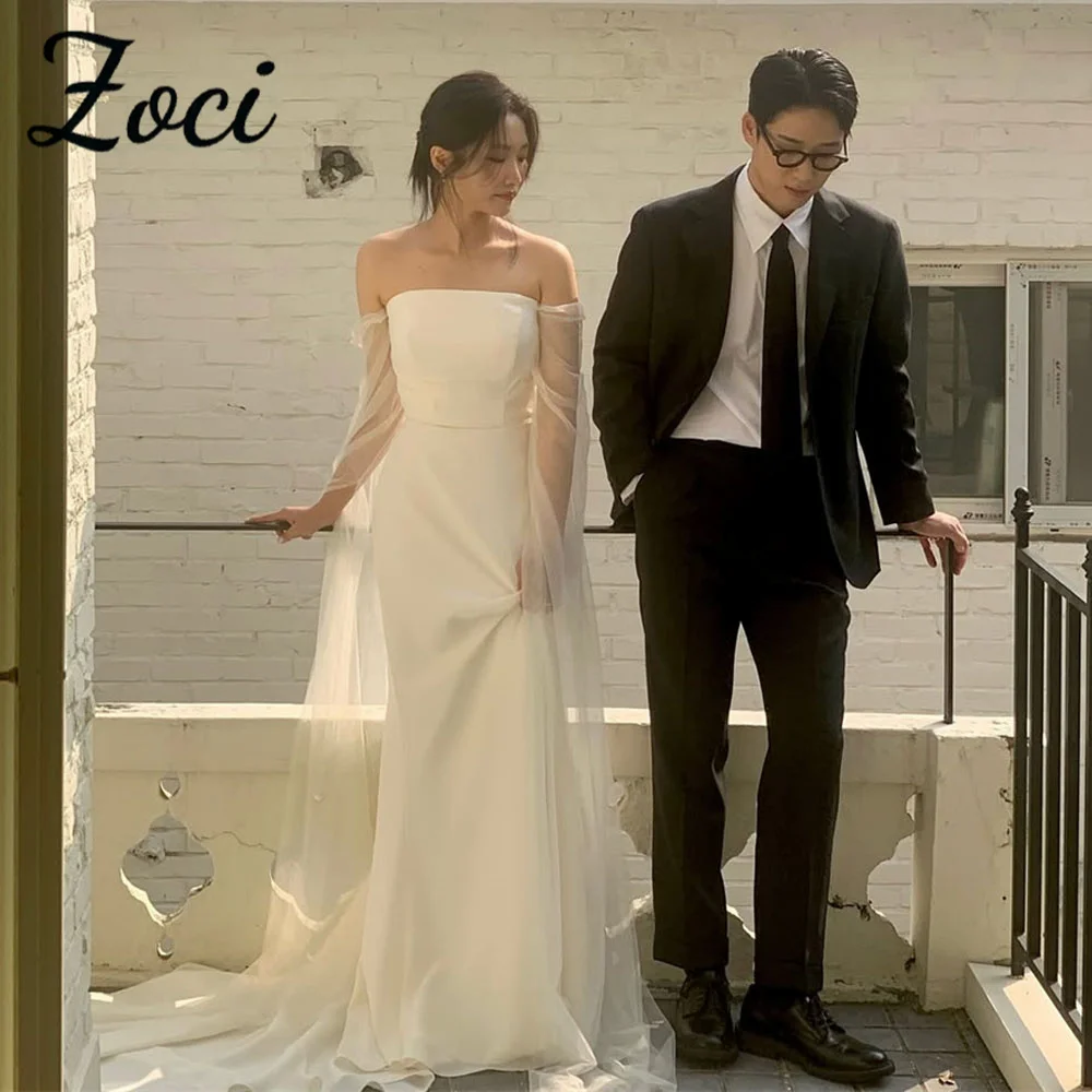 Zoci Simple Strapless Mermaid Korea Wedding Dresses Customized Crepe Off Shoulder Long Sleeve Photo Shoot Bridal Reception Gown