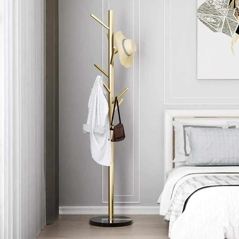 Jolitac Metal Coat Rack Stand Golden Satin Steel Finish Stable Marble Base, High-Grade With Hooks Metal Tree Hat & Coat Hanger