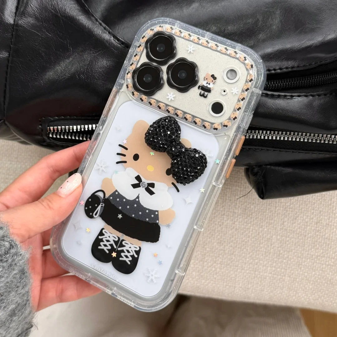 INS Korea 3D Glitter Bogen Schwarz Haut Hallo Kitty Telefon Fall Für iphone 17 16 15 14 13 Pro max 17 Pro Objektiv Schutz Abdeckung