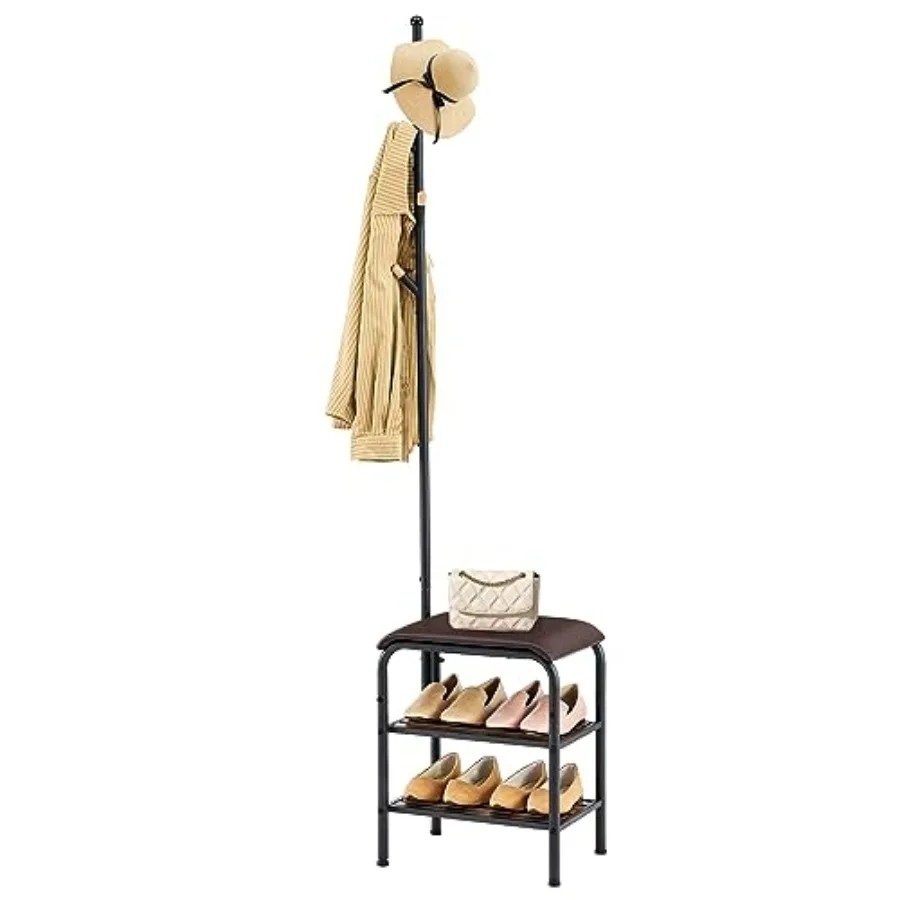 

Многофункциональная вешалка-стойка для одежды с обувницей и скамейкой - 3 в 1: вешалка для прихожей с местом для обуви, небольшая металлическая полка для обуви для прихожей и гостиной