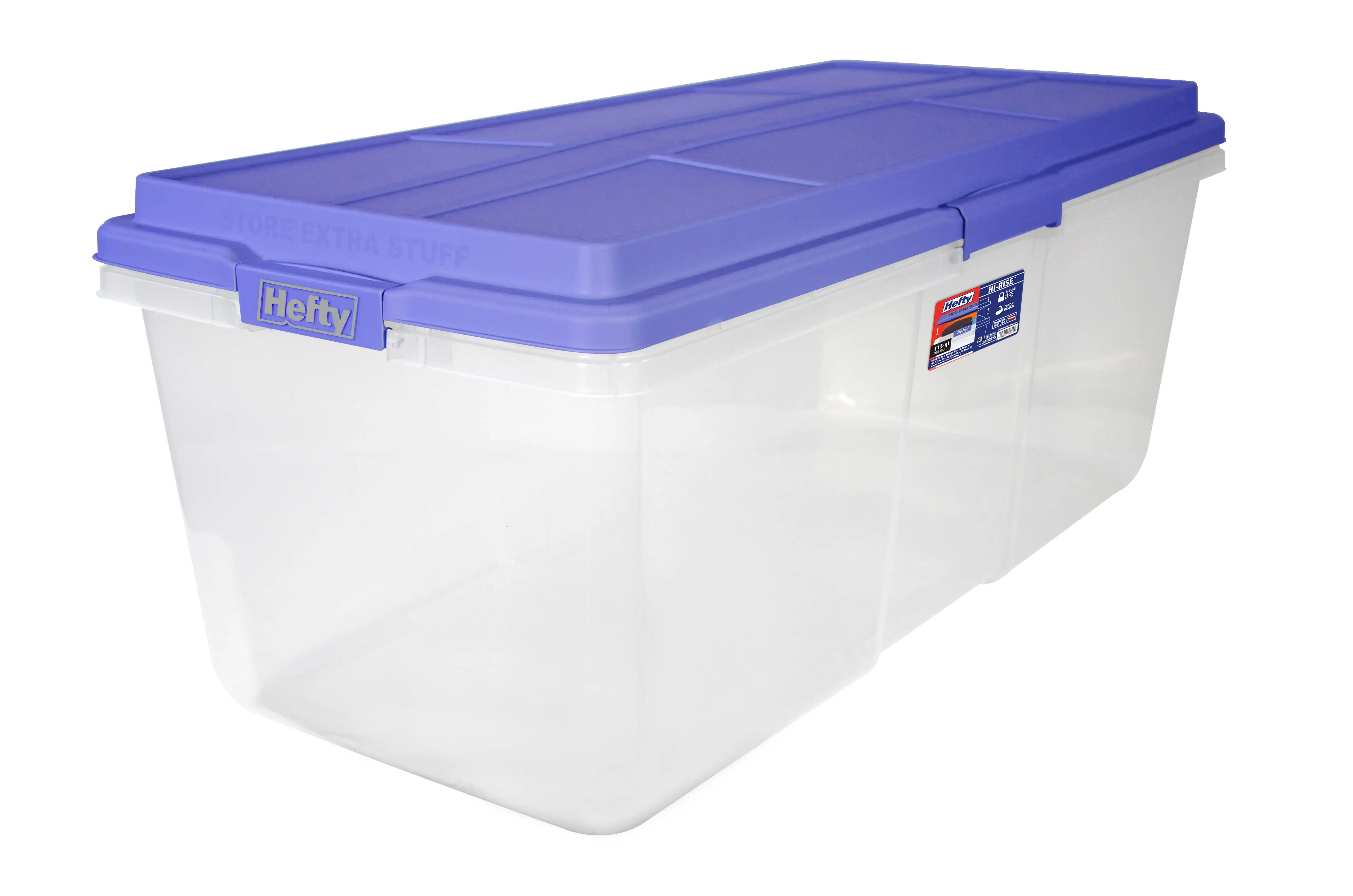 

113 Quart Clear Plastic Storage Bin with Blue Hi-Rise Lid Adult Large secure latches keep the lid closed tightly